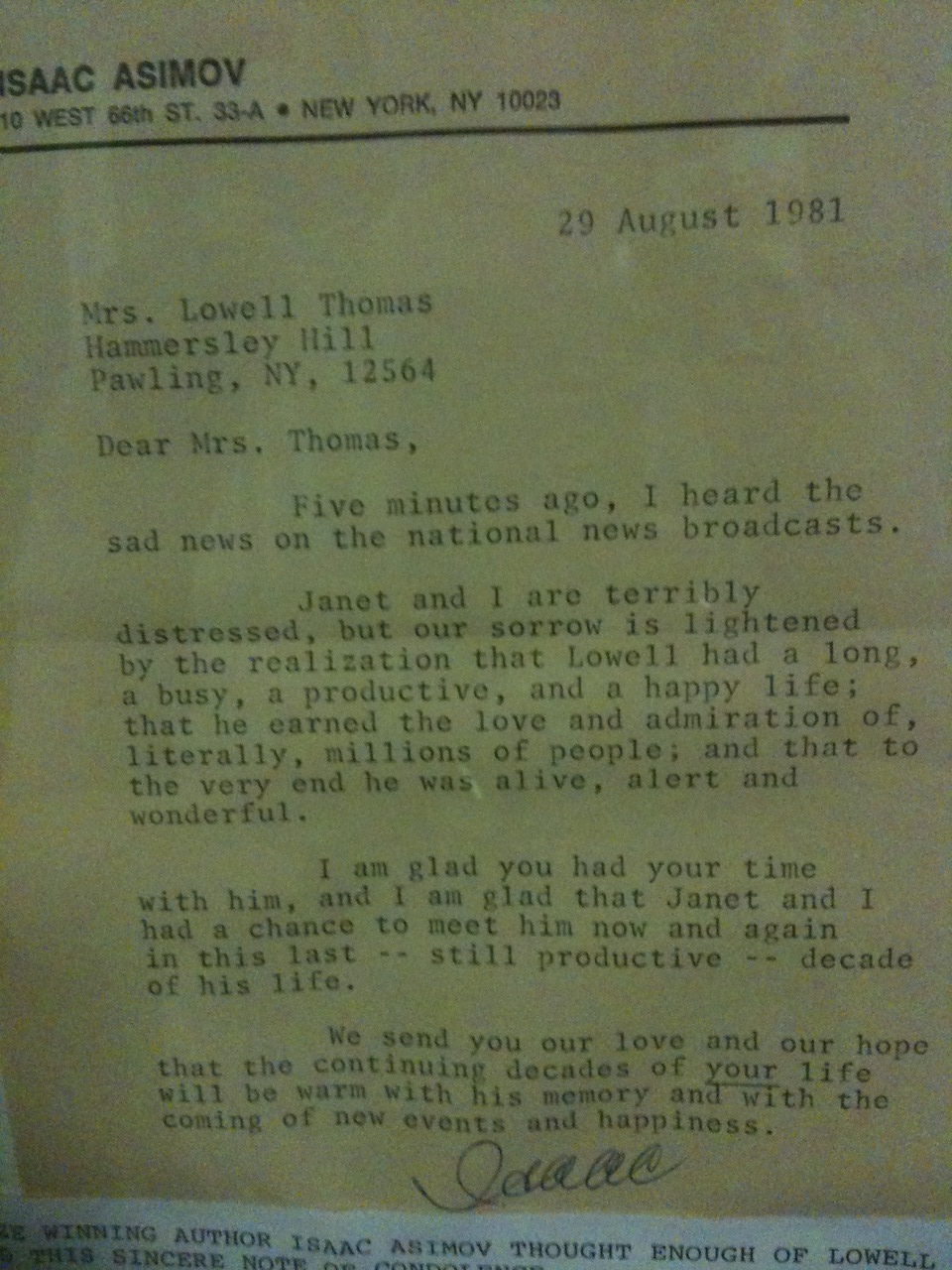 Letter From Isaac Asimov